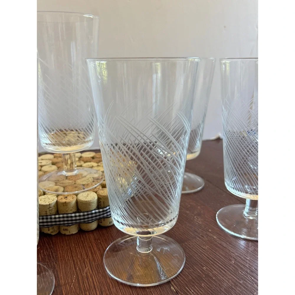 Pier 1 Etched Reed Footed Glasses Set of 6 Clear Glass Iced Tea Water Goblets 7
